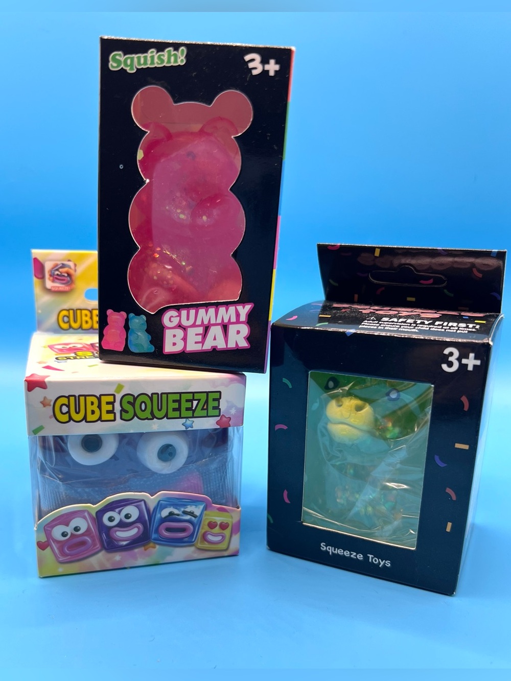 🔥Viral Squishies (Non-Branded) 3-Pack Glitter Cow, Glitter Bear, Smush Cube